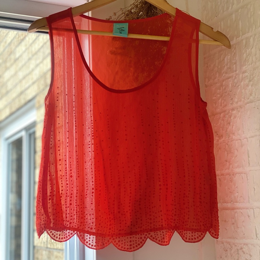 Sheer beaded red/orange top w/scalloped edge
